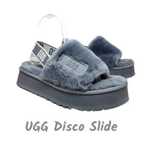 Ugg Womens Disco Slide Shoes Size 9 Gray Fluffy Sherling Back Stretch Strap